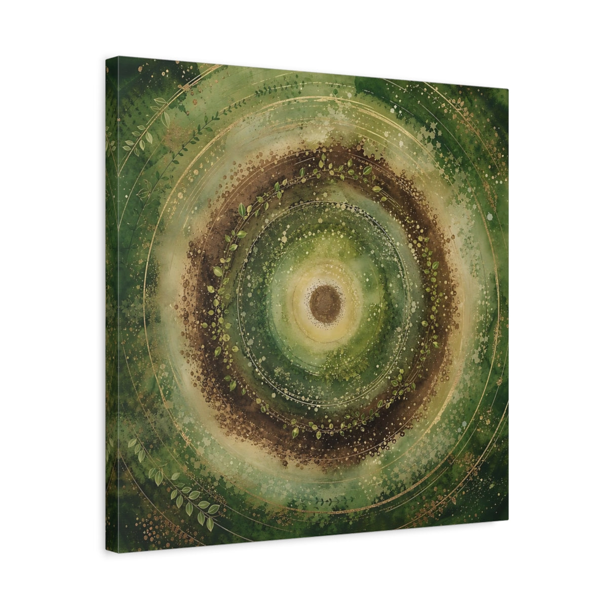 Side Mockup 5. Nature Nature Mandala Green Brown Gold shown as stretched canvas wall art