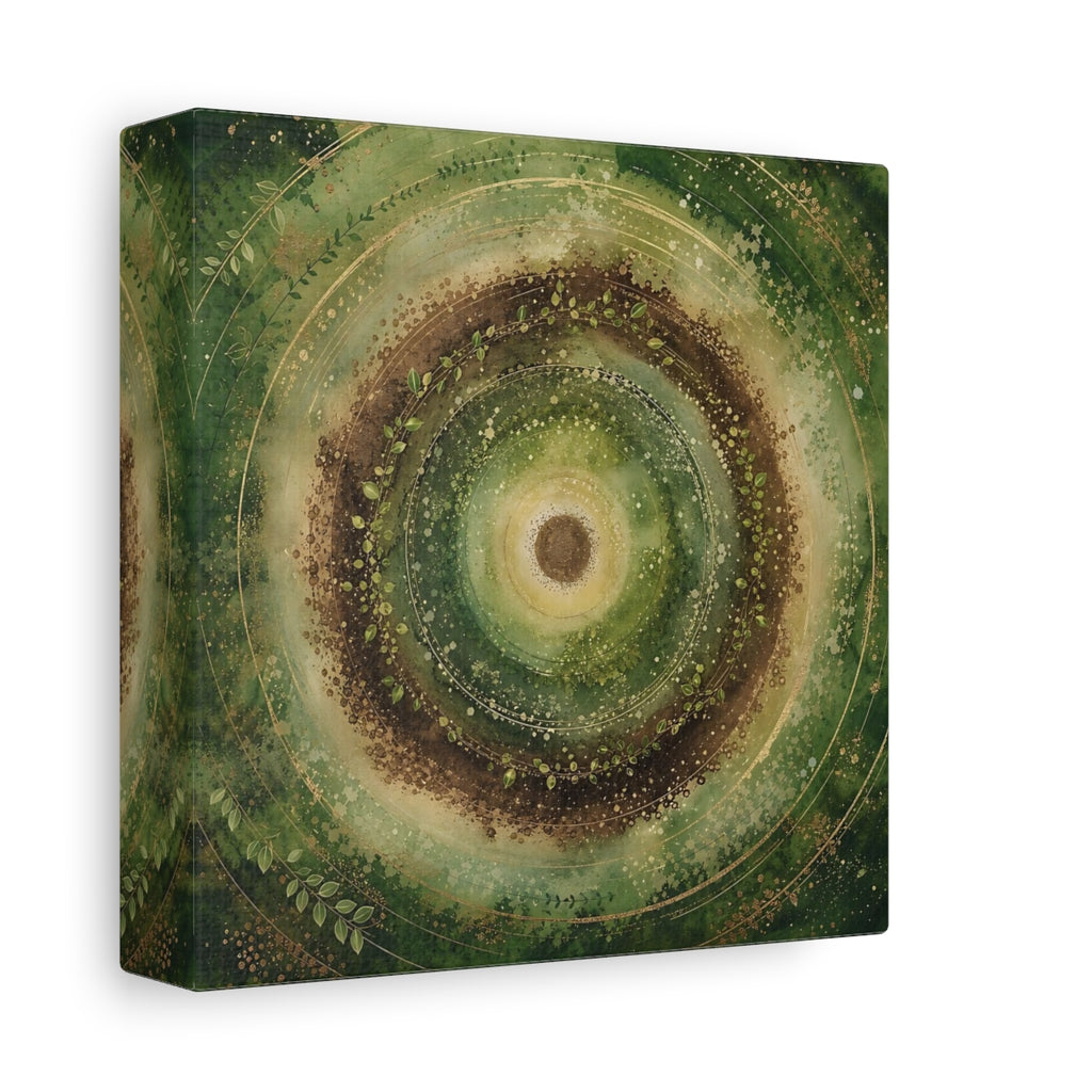 Side Mockup 2. Nature Nature Mandala Green Brown Gold shown as stretched canvas wall art