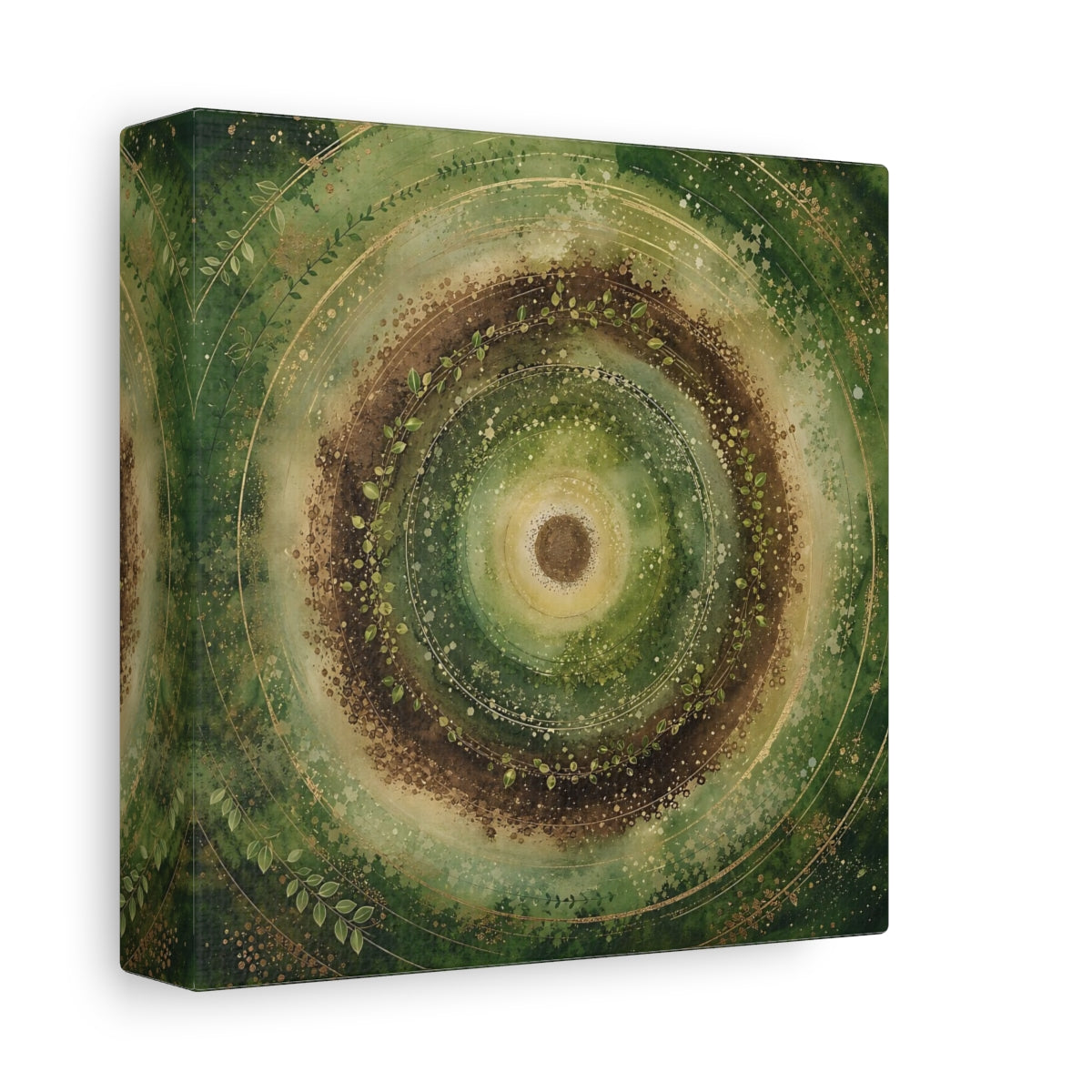 Side Mockup 2. Nature Nature Mandala Green Brown Gold shown as stretched canvas wall art