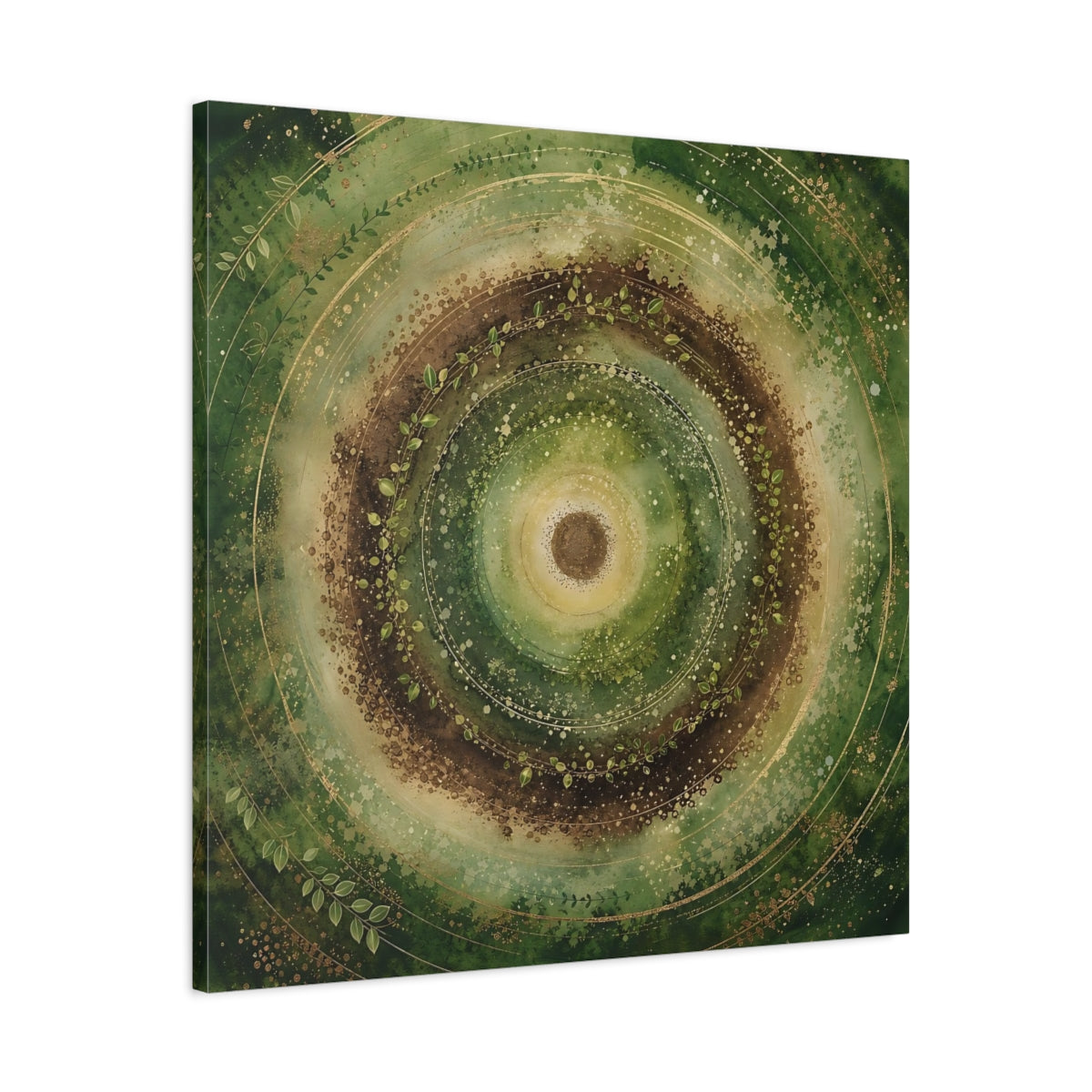 Side Mockup 3. Nature Nature Mandala Green Brown Gold shown as stretched canvas wall art