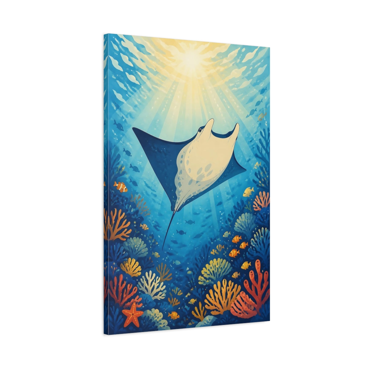 Main Mockup. Nature Manta Ray Blue And Orange shown as stretched canvas wall art