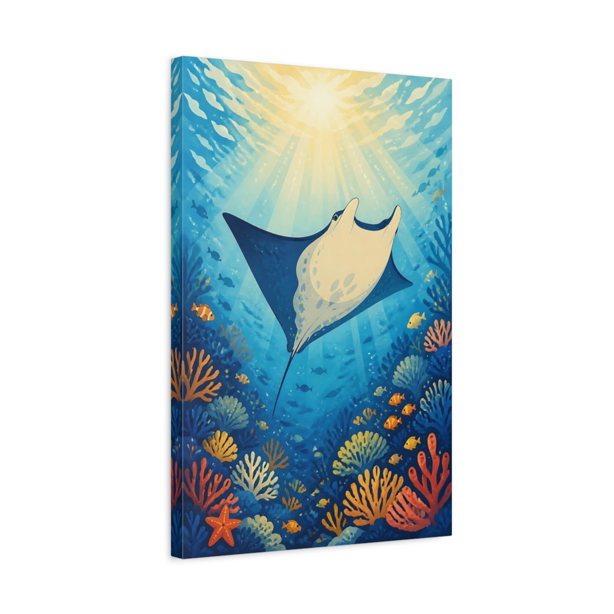 Side Mockup 3. Nature Manta Ray Blue And Orange shown as stretched canvas wall art