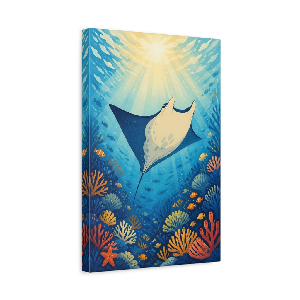 Side Mockup 4. Nature Manta Ray Blue And Orange shown as stretched canvas wall art