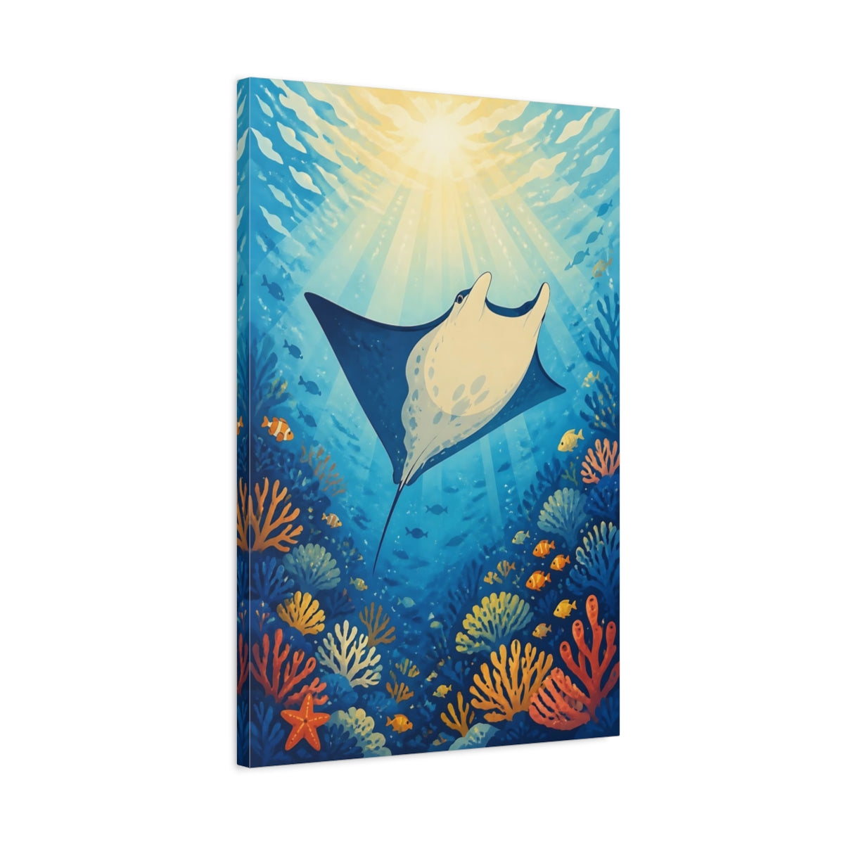 Side Mockup 2. Nature Manta Ray Blue And Orange shown as stretched canvas wall art