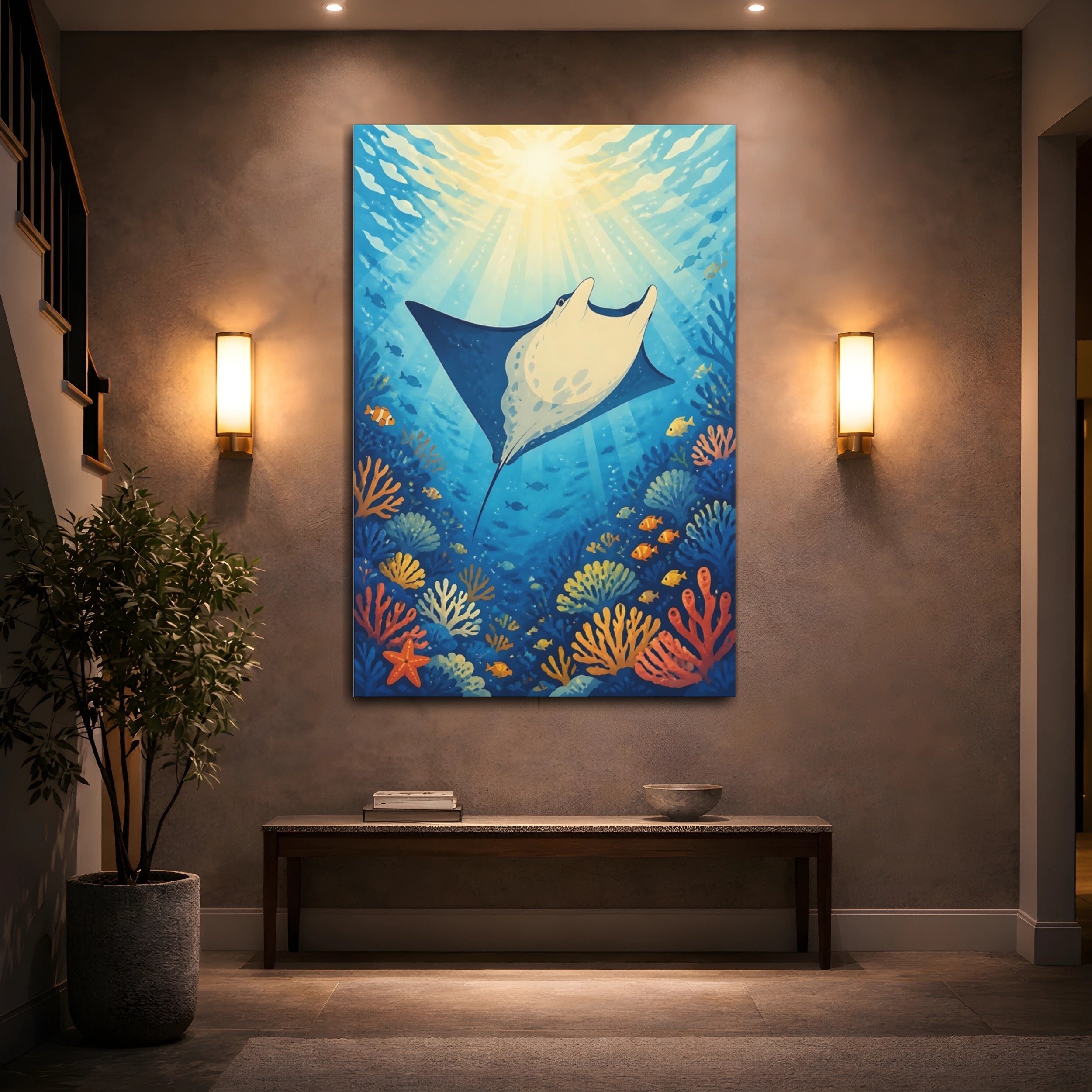Mockup 2. Nature Manta Ray Blue And Orange shown as stretched canvas wall art