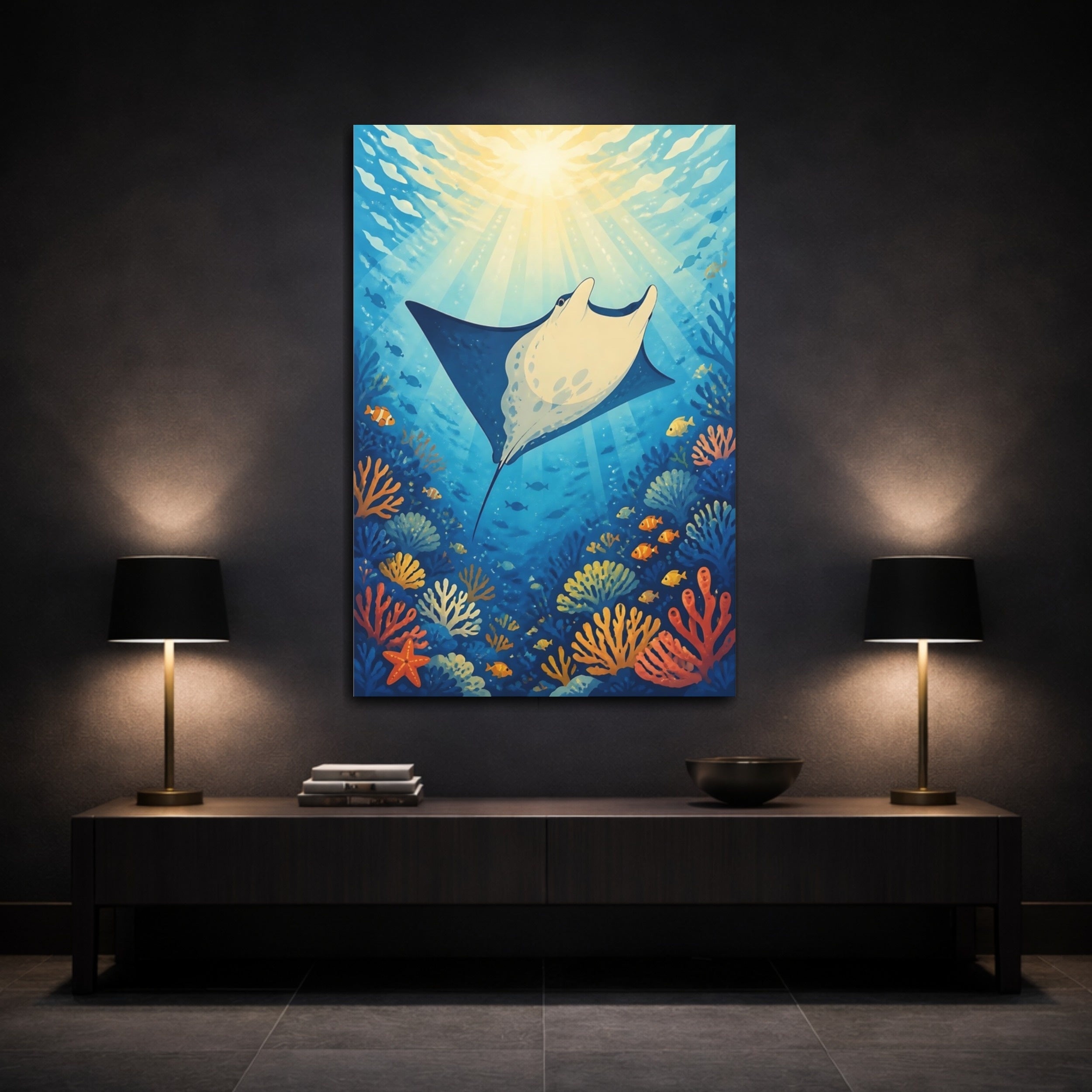 Mockup 3. Nature Manta Ray Blue And Orange shown as stretched canvas wall art