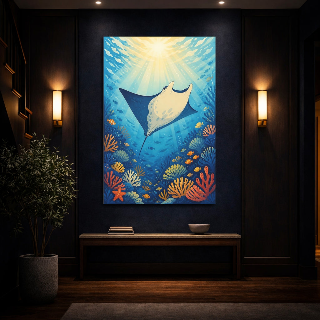 Mockup 4. Nature Manta Ray Blue And Orange shown as stretched canvas wall art