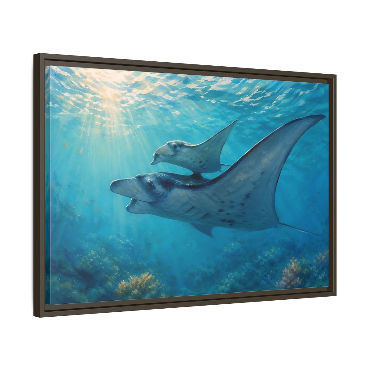 Side Mockup 11. Nature Manta Rays Blue Ocean Manta Rays shown as stretched canvas wall art