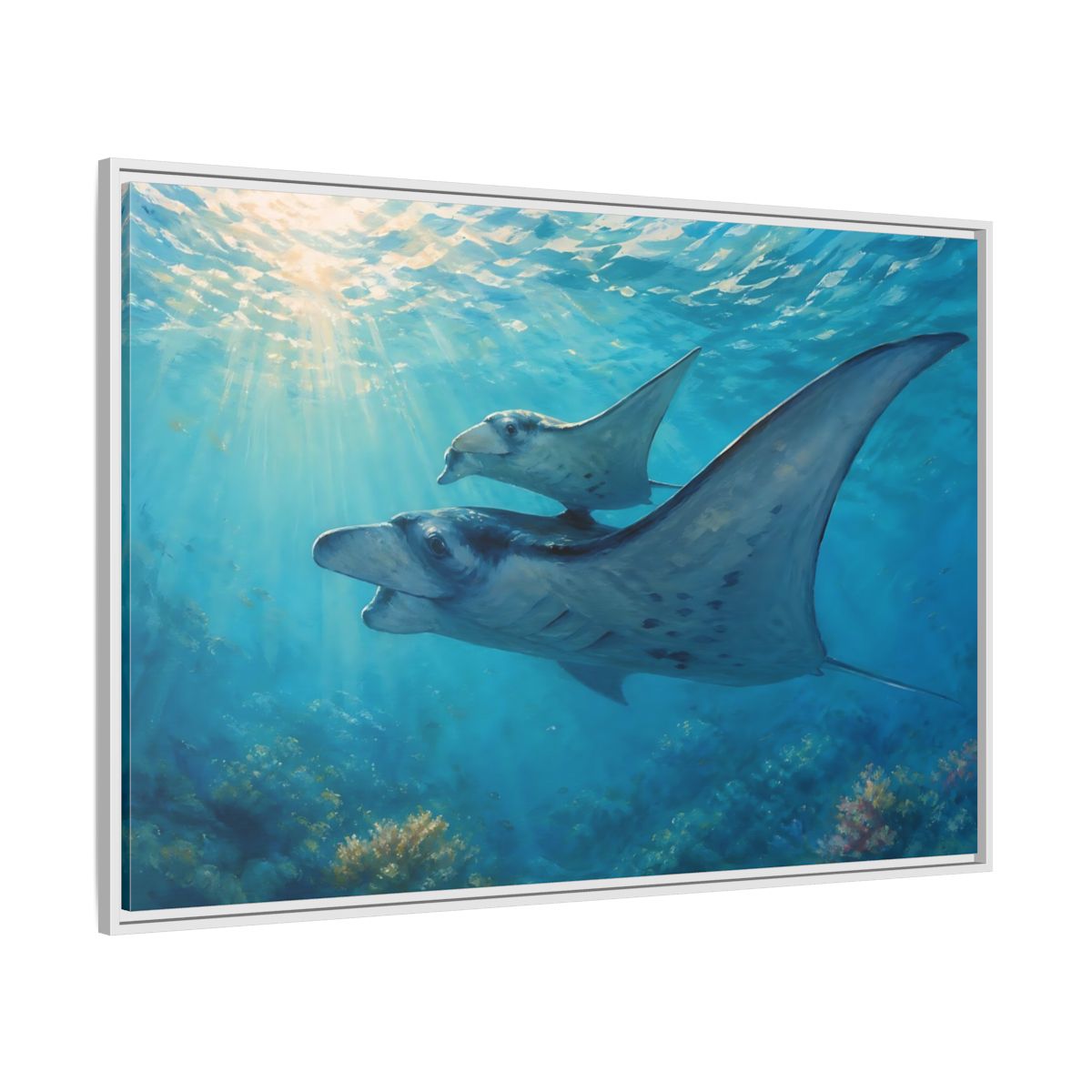 Side Mockup 7. Nature Manta Rays Blue Ocean Manta Rays shown as stretched canvas wall art