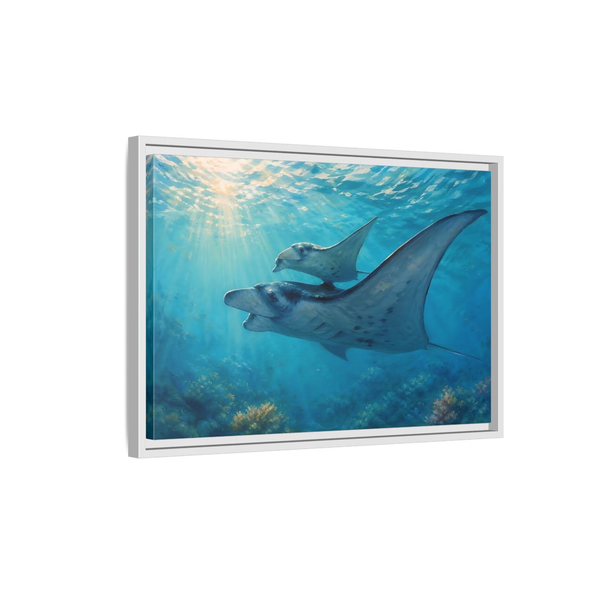 Side Mockup 1. Nature Manta Rays Blue Ocean Manta Rays shown as stretched canvas wall art