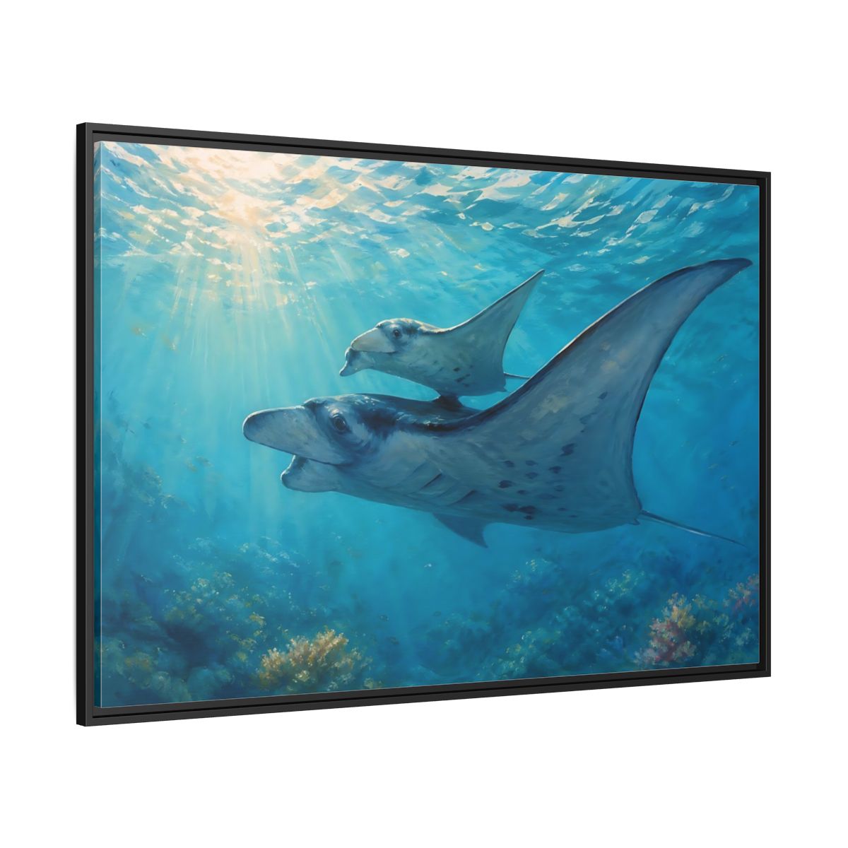 Side Mockup 12. Nature Manta Rays Blue Ocean Manta Rays shown as stretched canvas wall art