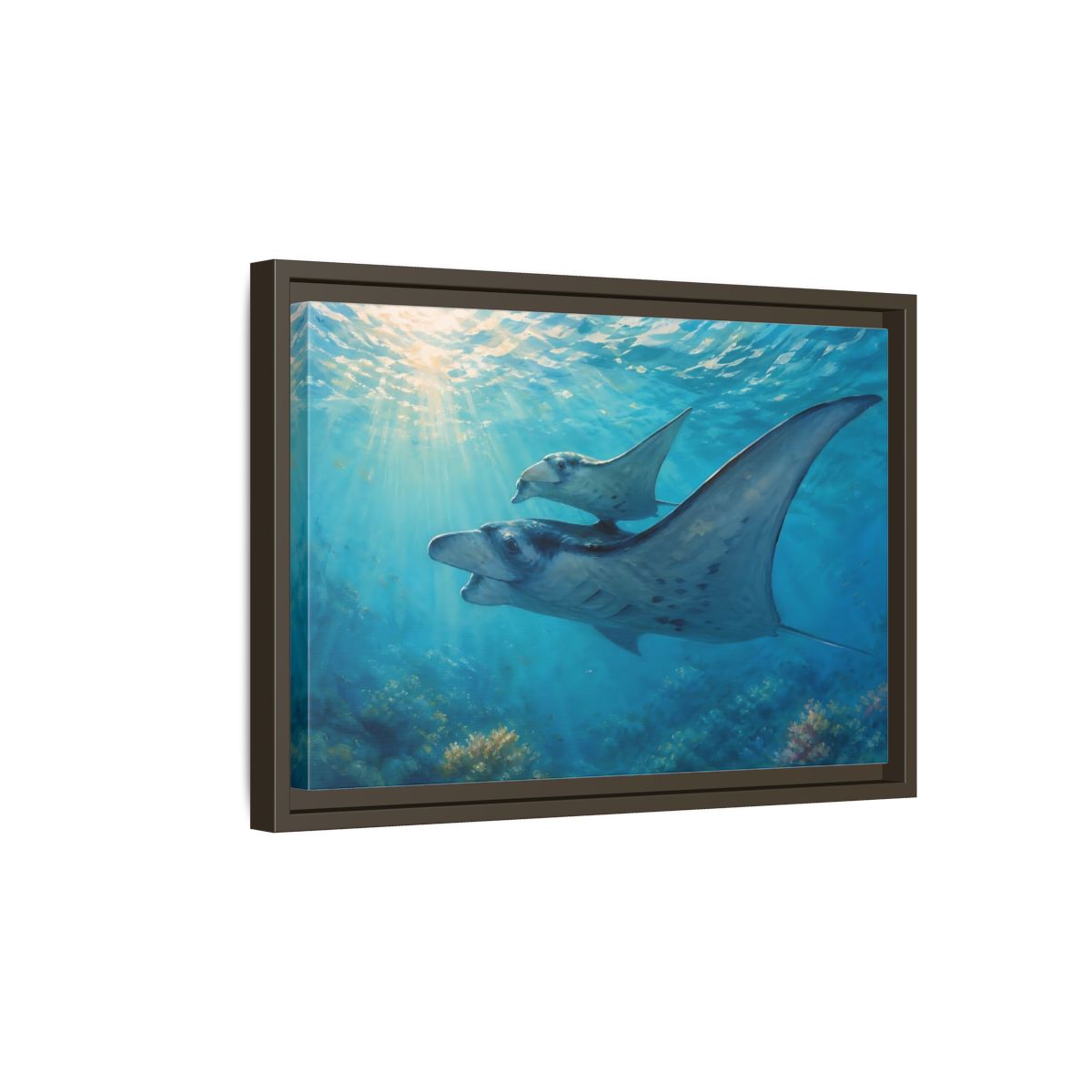 Side Mockup 5. Nature Manta Rays Blue Ocean Manta Rays shown as stretched canvas wall art