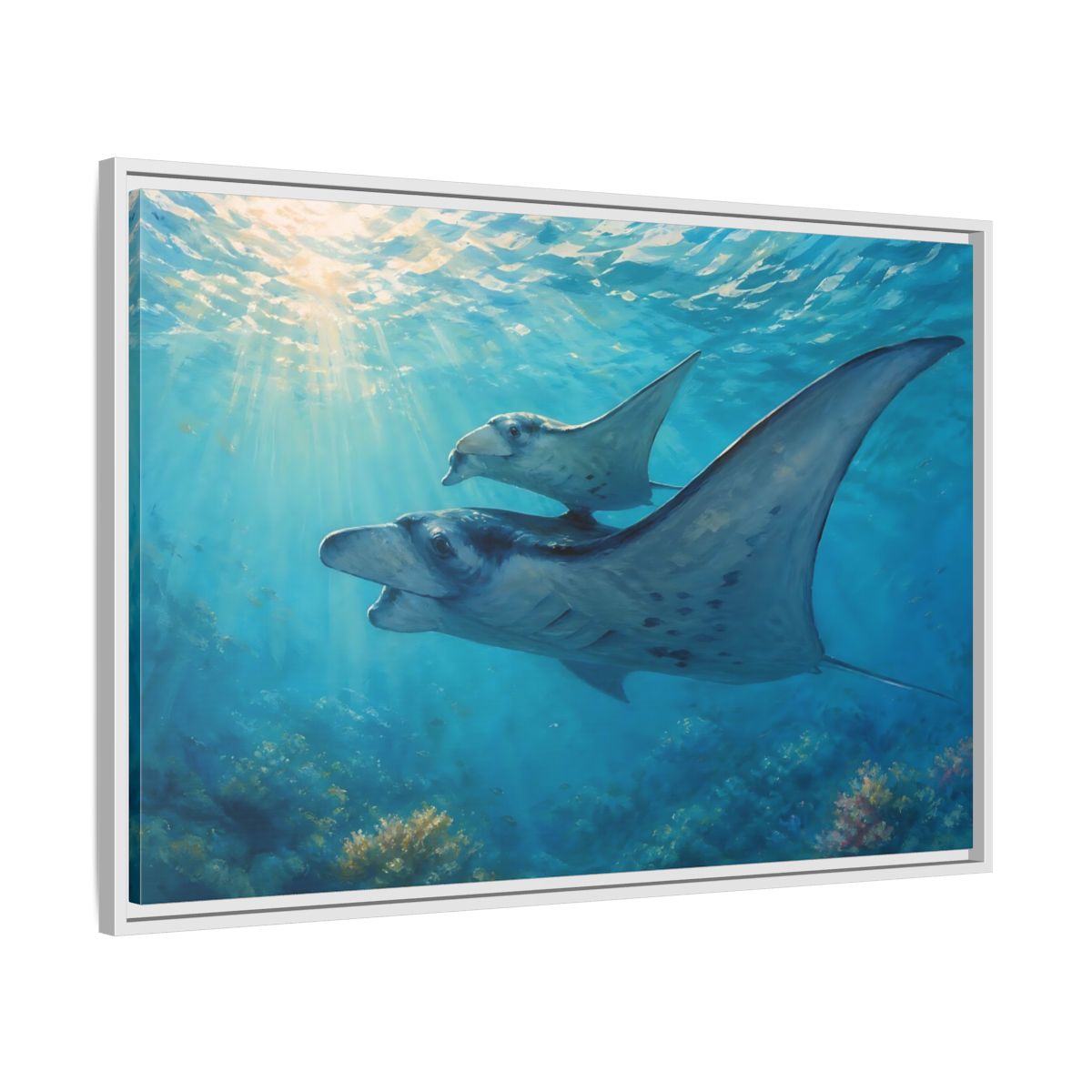 Side Mockup 9. Nature Manta Rays Blue Ocean Manta Rays shown as stretched canvas wall art