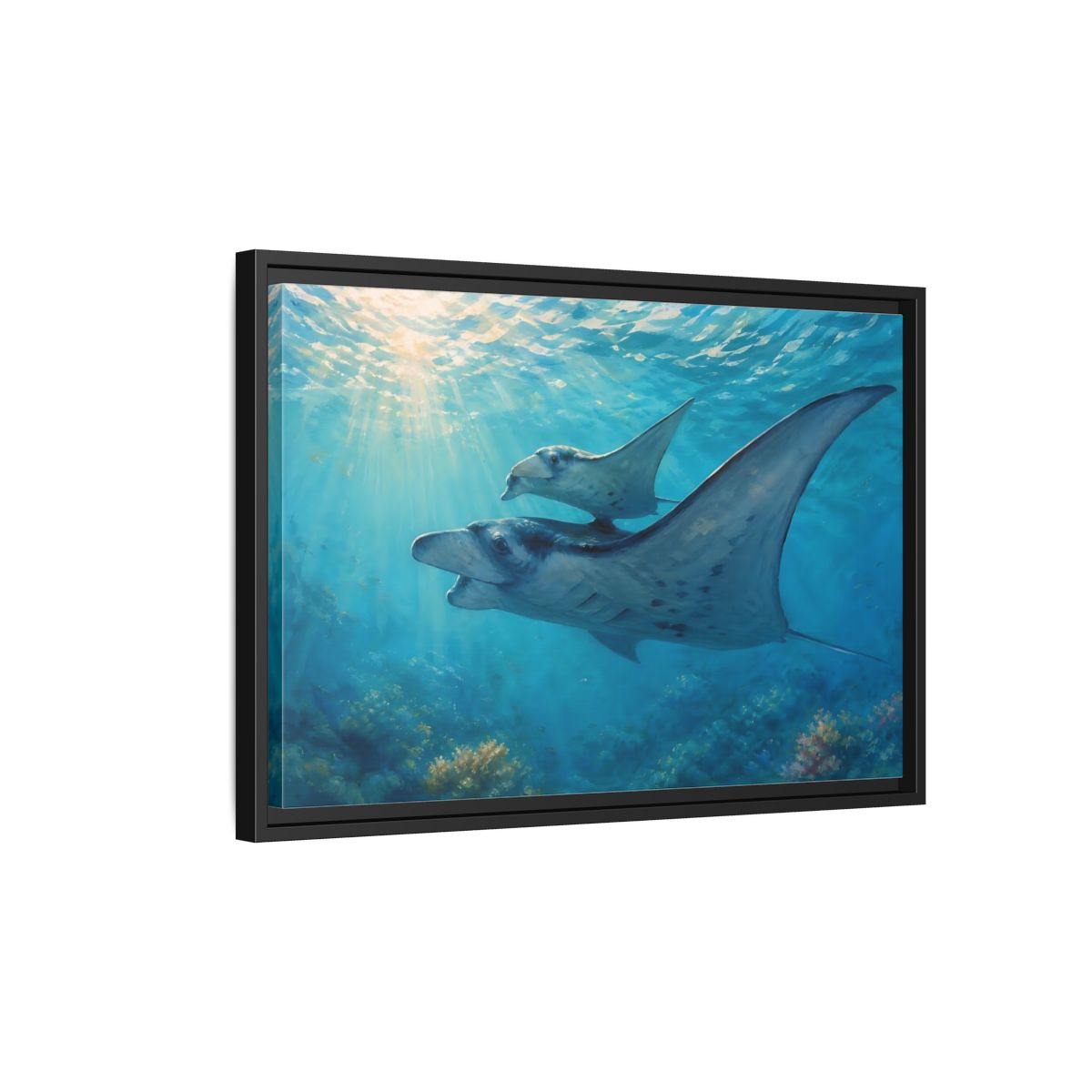 Side Mockup 3. Nature Manta Rays Blue Ocean Manta Rays shown as stretched canvas wall art