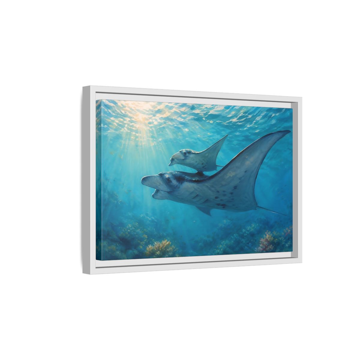 Side Mockup 4. Nature Manta Rays Blue Ocean Manta Rays shown as stretched canvas wall art