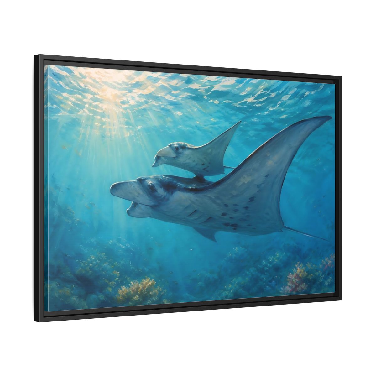 Side Mockup 13. Nature Manta Rays Blue Ocean Manta Rays shown as stretched canvas wall art