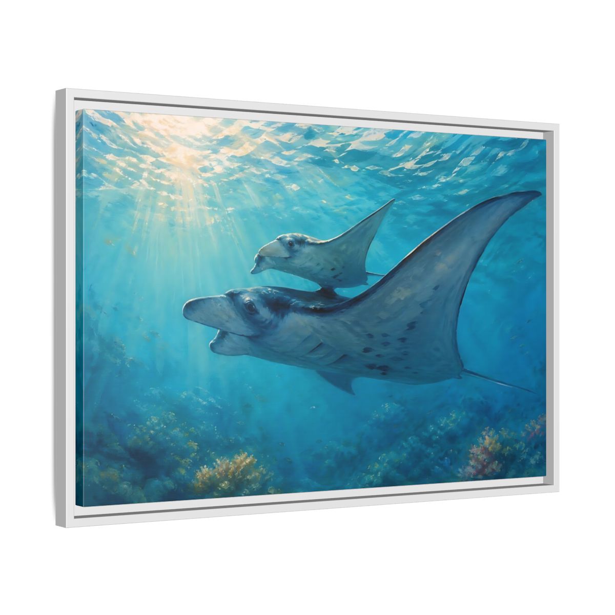 Side Mockup 10. Nature Manta Rays Blue Ocean Manta Rays shown as stretched canvas wall art