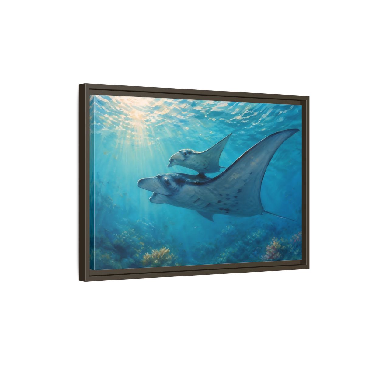 Side Mockup 2. Nature Manta Rays Blue Ocean Manta Rays shown as stretched canvas wall art