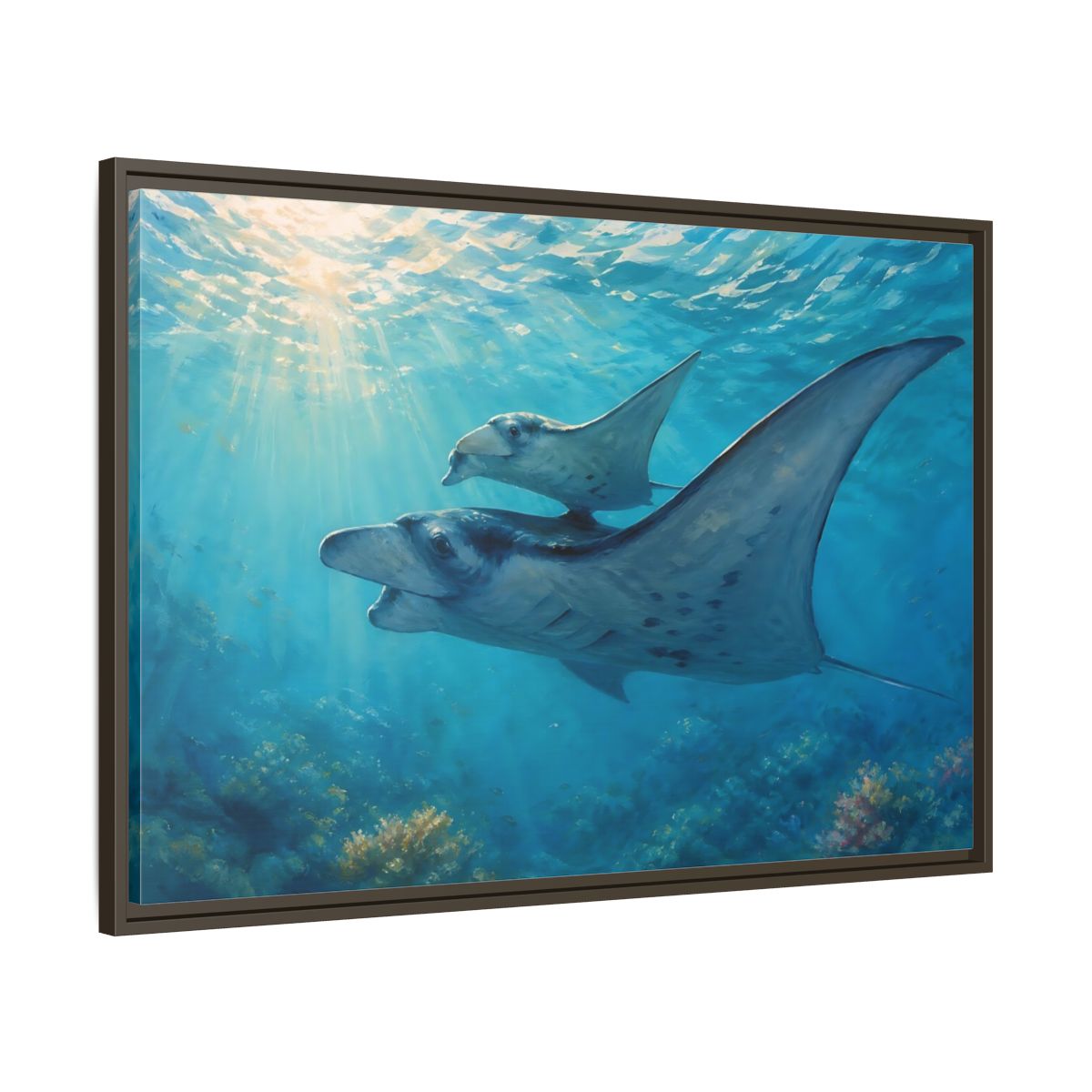 Main Mockup. Nature Manta Rays Blue Ocean Manta Rays shown as stretched canvas wall art