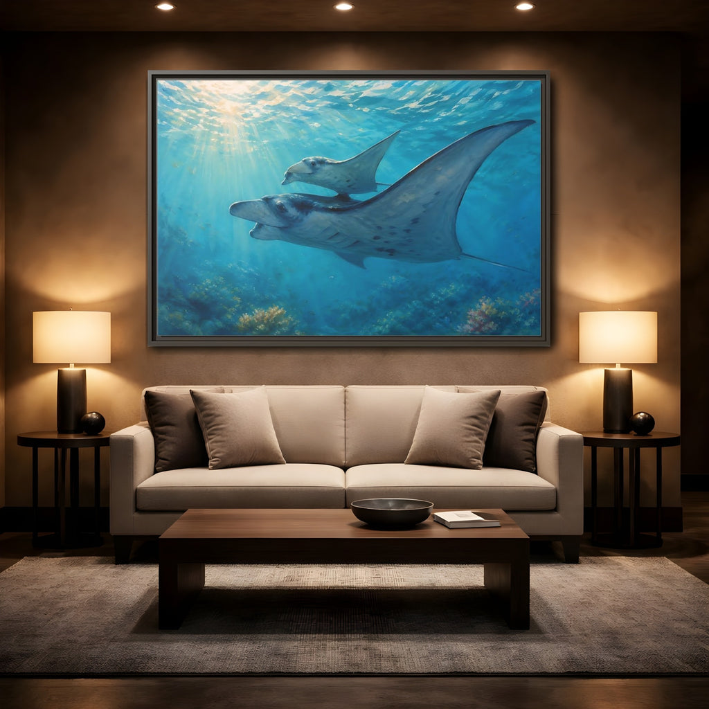 Mockup 2. Nature Manta Rays Blue Ocean Manta Rays shown as stretched canvas wall art