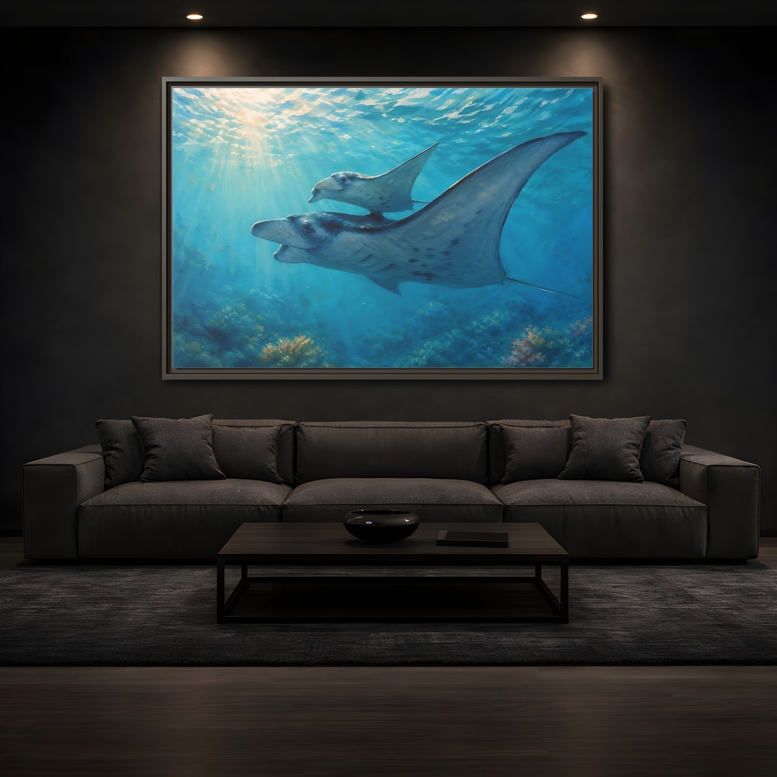 Mockup 3. Nature Manta Rays Blue Ocean Manta Rays shown as stretched canvas wall art