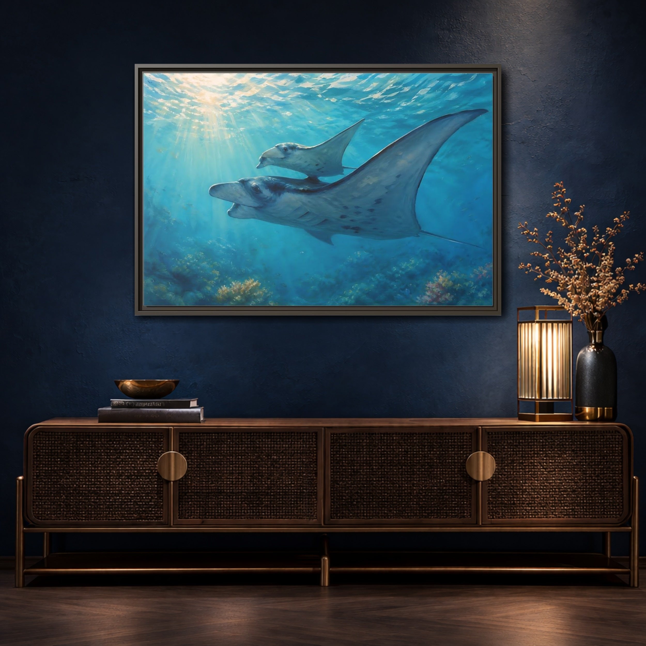 Mockup 4. Nature Manta Rays Blue Ocean Manta Rays shown as stretched canvas wall art