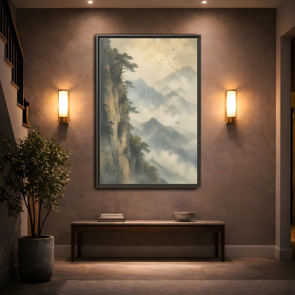 Mockup 2. Nature Misty Mountains Misty Mountain Landscape shown as stretched canvas wall art