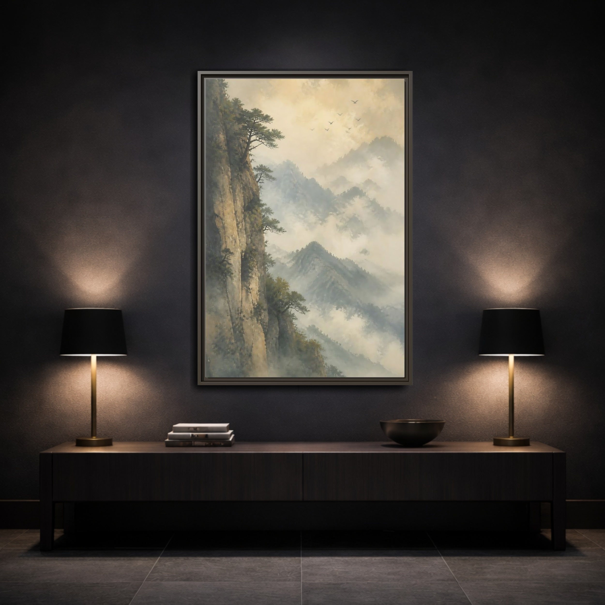 Mockup 3. Nature Misty Mountains Misty Mountain Landscape shown as stretched canvas wall art