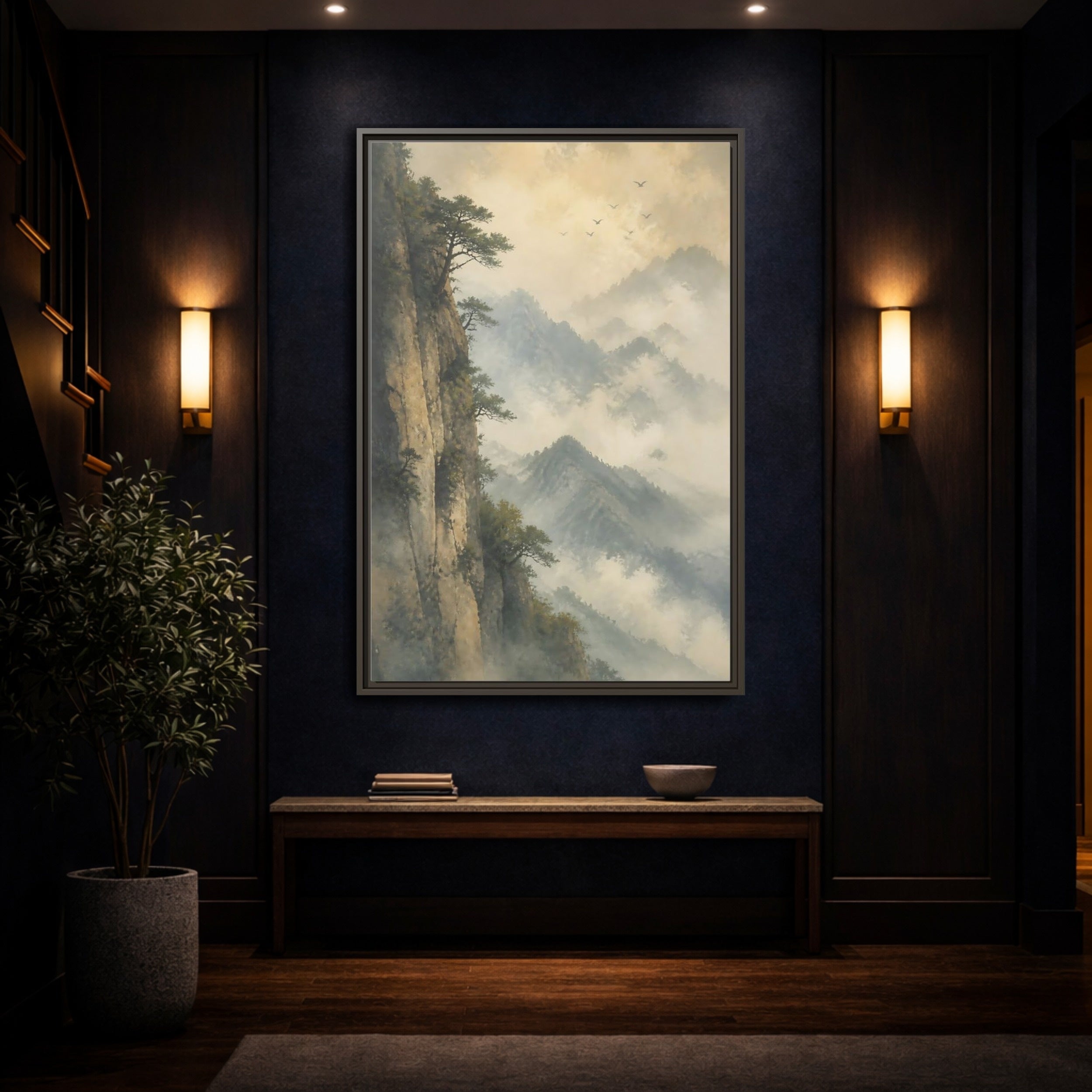 Mockup 4. Nature Misty Mountains Misty Mountain Landscape shown as stretched canvas wall art