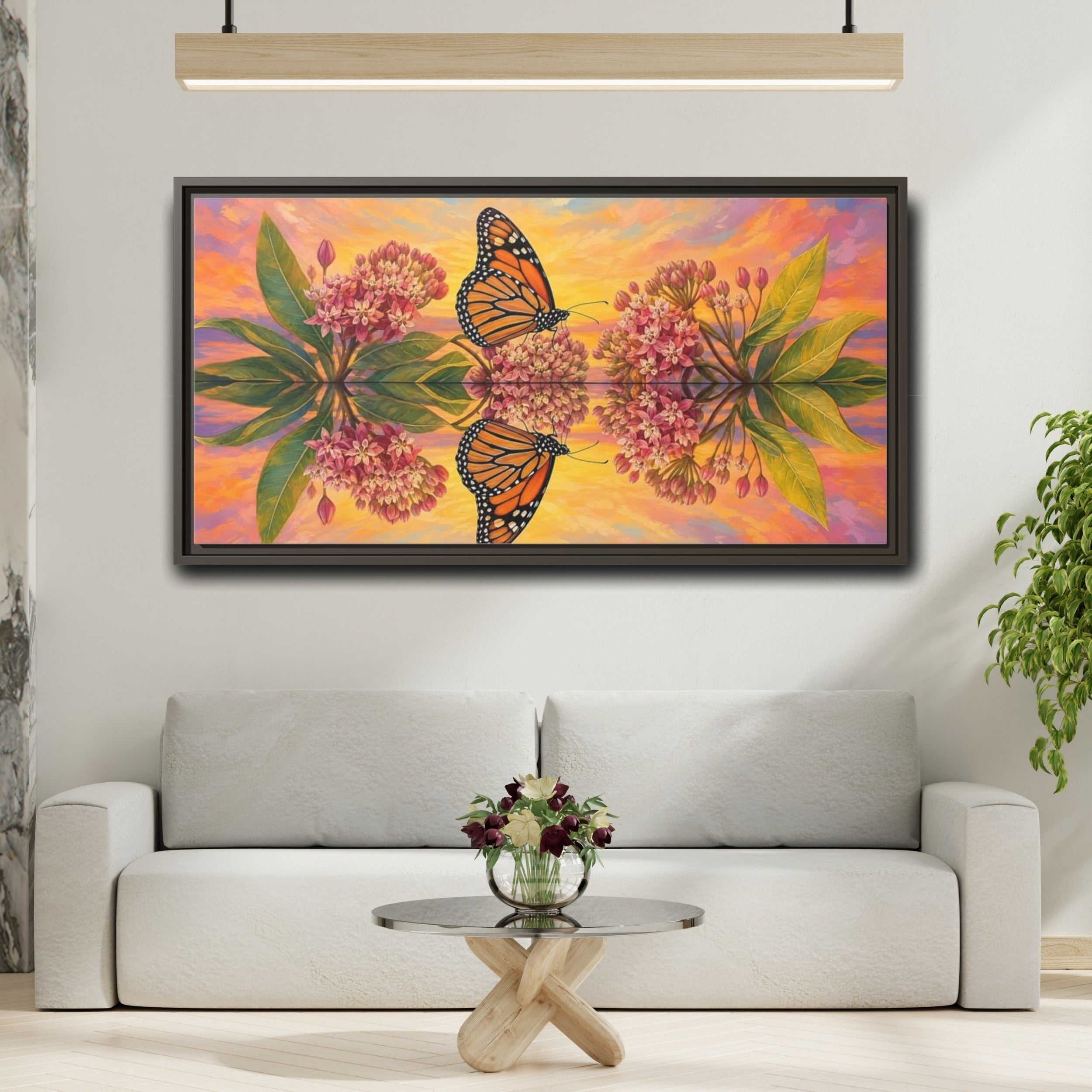 Mockup 2. Nature Monarch Butterfly Orange Butterfly Sunset shown as stretched canvas wall art