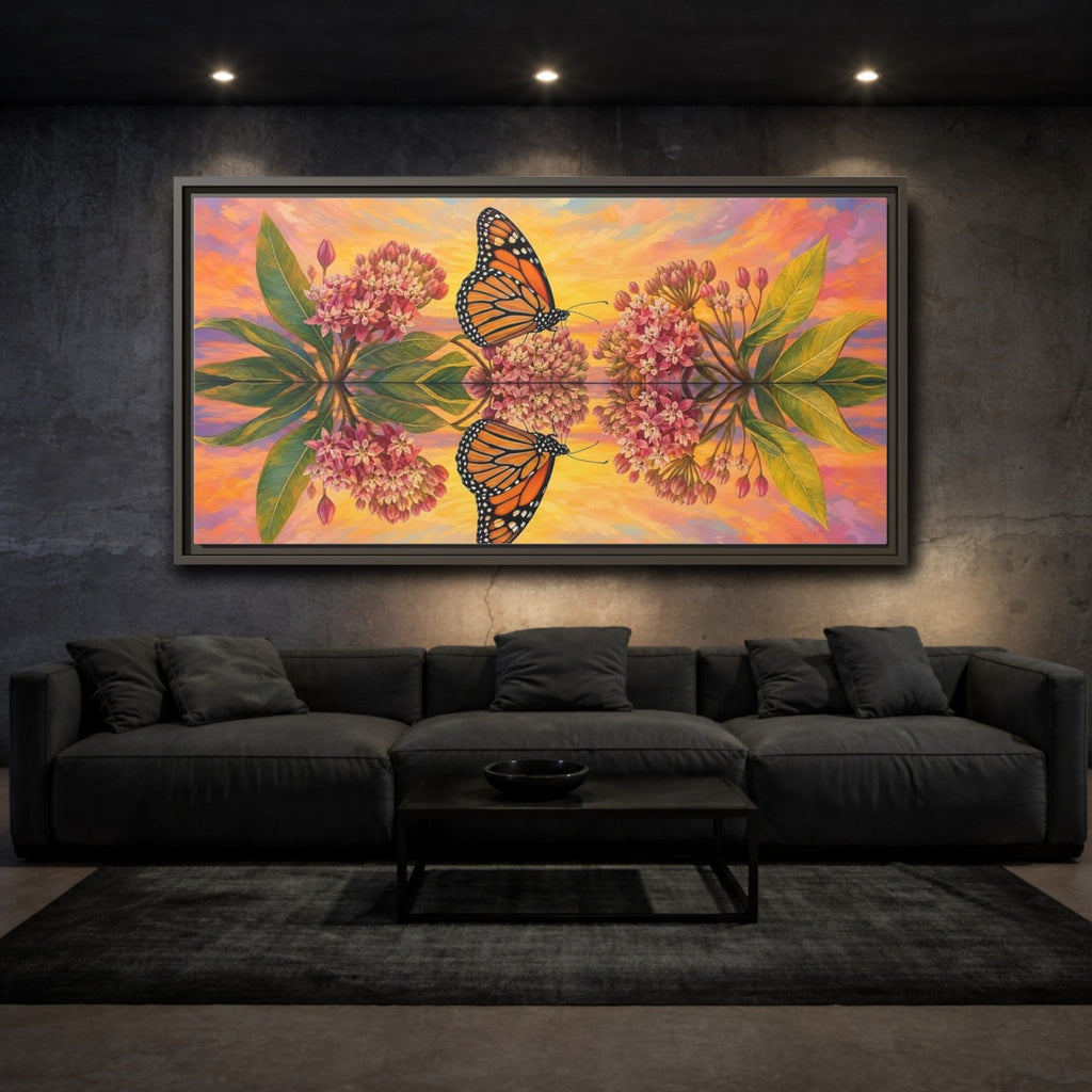 Mockup 3. Nature Monarch Butterfly Orange Butterfly Sunset shown as stretched canvas wall art