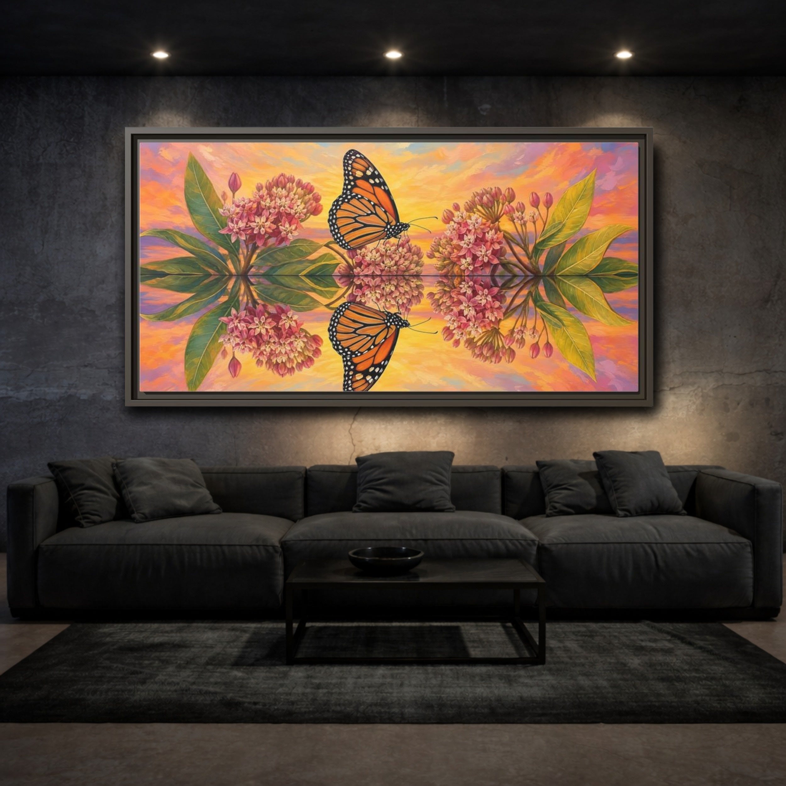 Mockup 3. Nature Monarch Butterfly Orange Butterfly Sunset shown as stretched canvas wall art