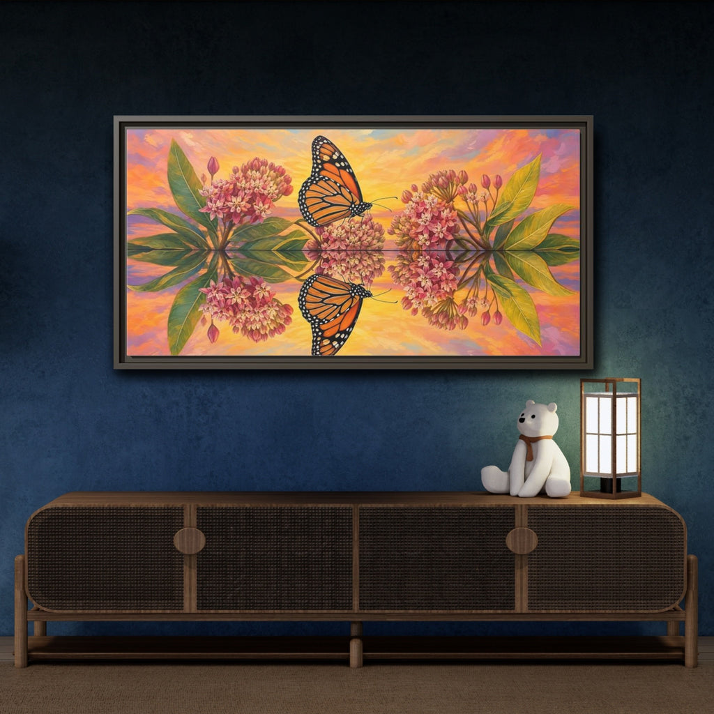 Mockup 4. Nature Monarch Butterfly Orange Butterfly Sunset shown as stretched canvas wall art