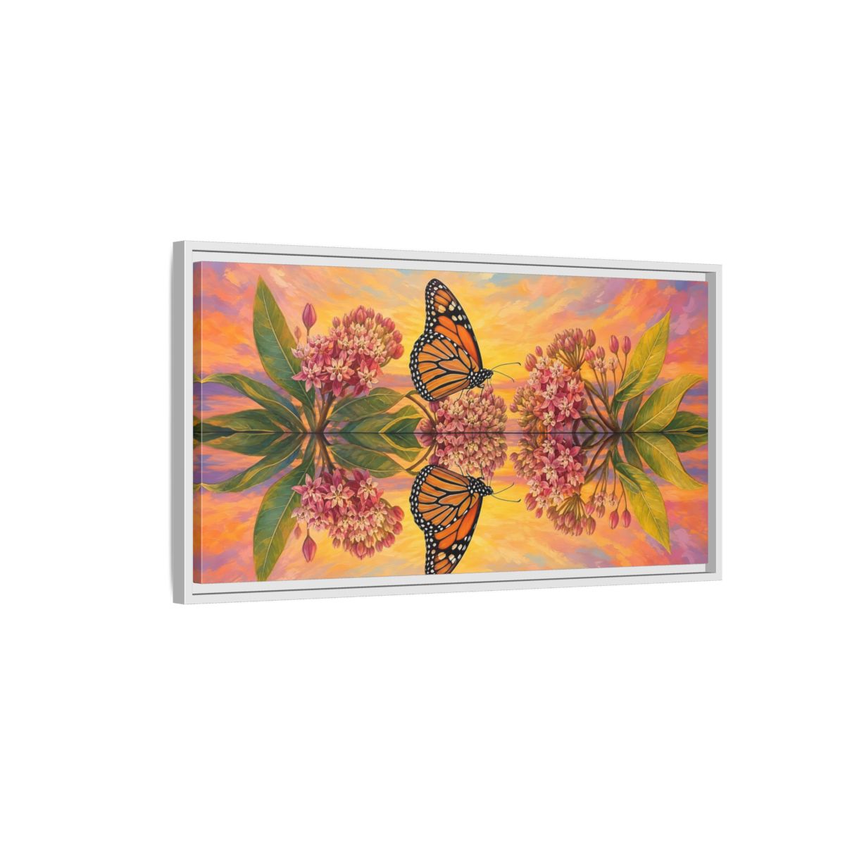 Side Mockup 1. Nature Monarch Butterfly Orange Butterfly Sunset shown as stretched canvas wall art