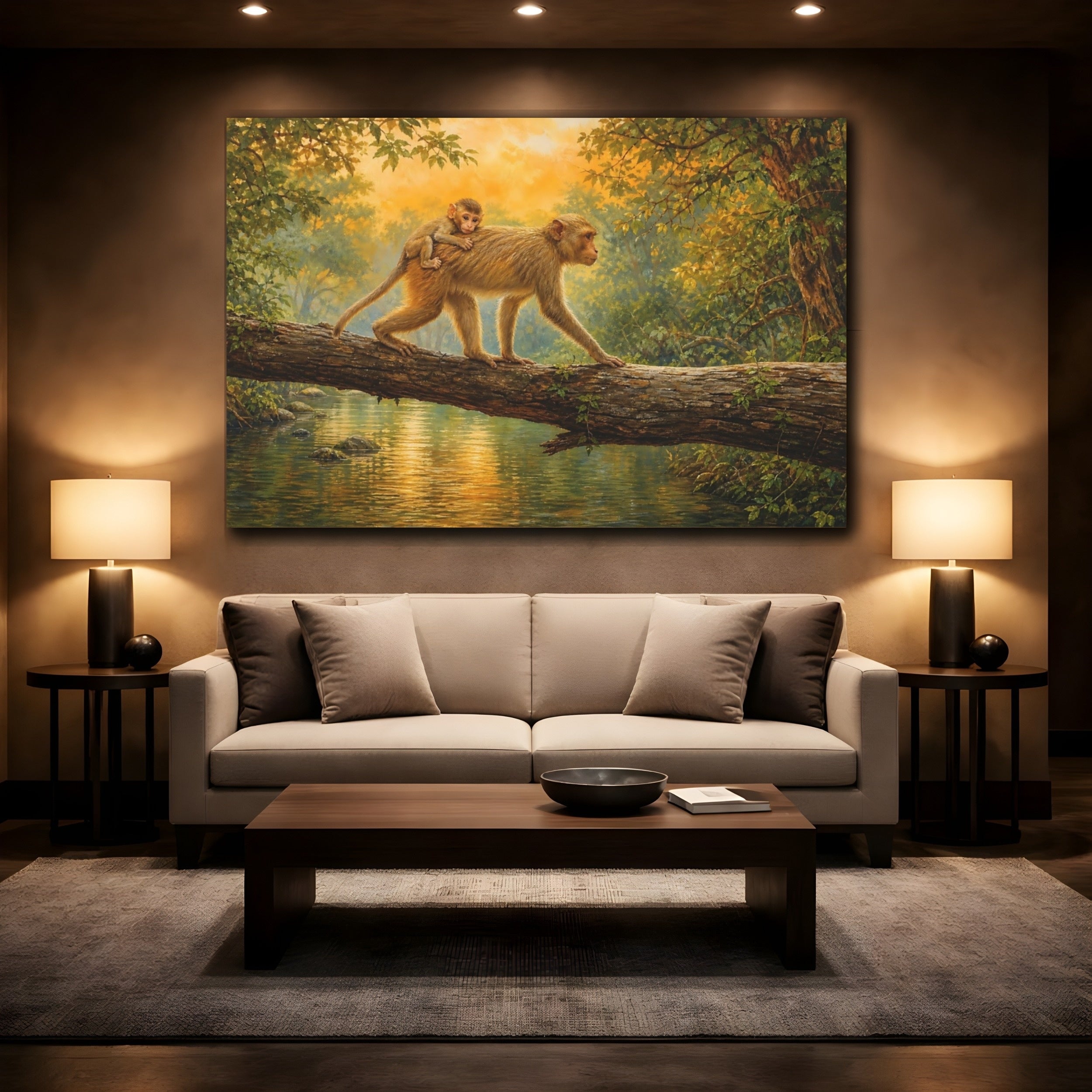 Mockup 2. Nature Monkeys Golden Forest shown as canvas print