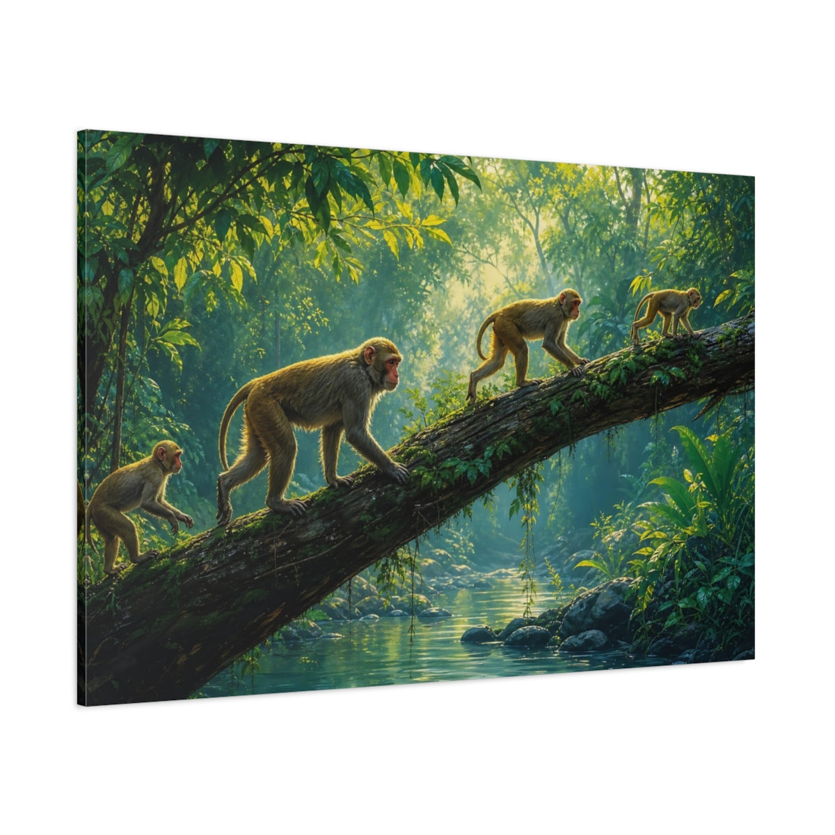 Side Mockup 1. Nature Monkeys Green Jungle Monkeys shown as stretched canvas wall art