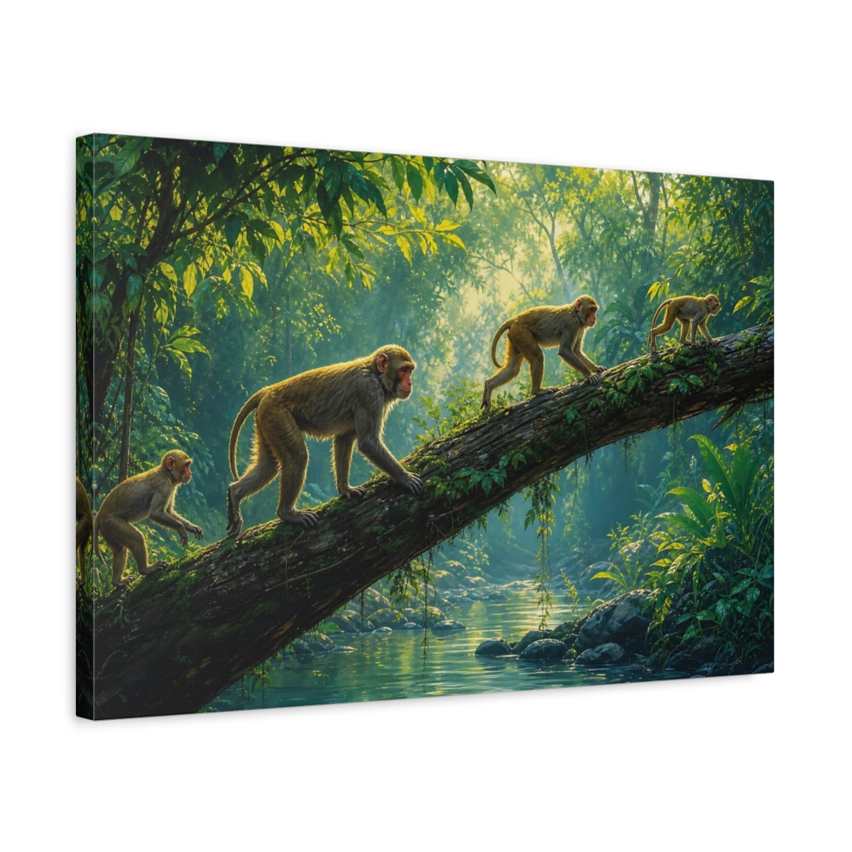 Side Mockup 3. Nature Monkeys Green Jungle Monkeys shown as stretched canvas wall art