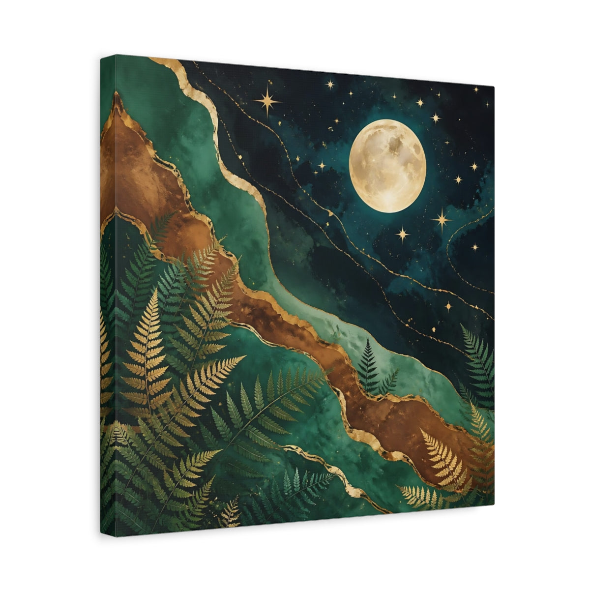 Side Mockup 6. Nature Moon And Ferns Emerald Gold Nature shown as stretched canvas wall art