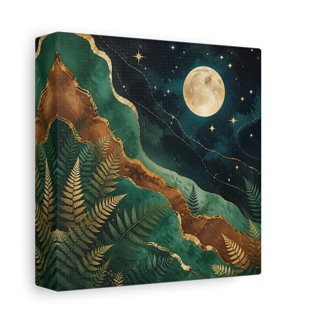 Side Mockup 2. Nature Moon And Ferns Emerald Gold Nature shown as stretched canvas wall art