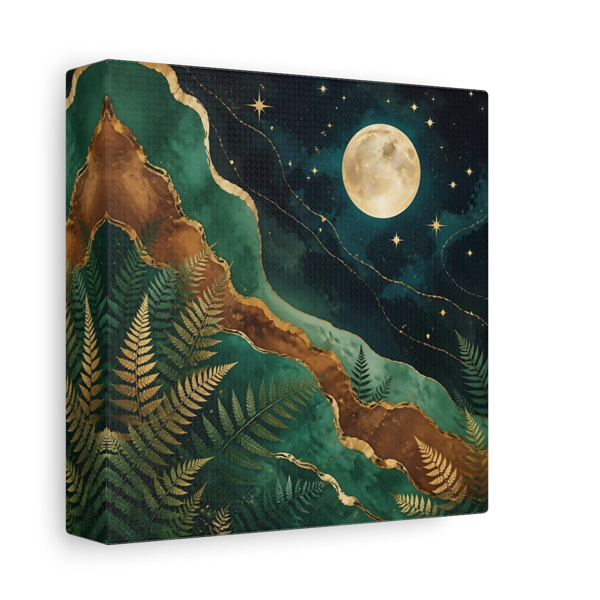 Side Mockup 2. Nature Moon And Ferns Emerald Gold Nature shown as stretched canvas wall art