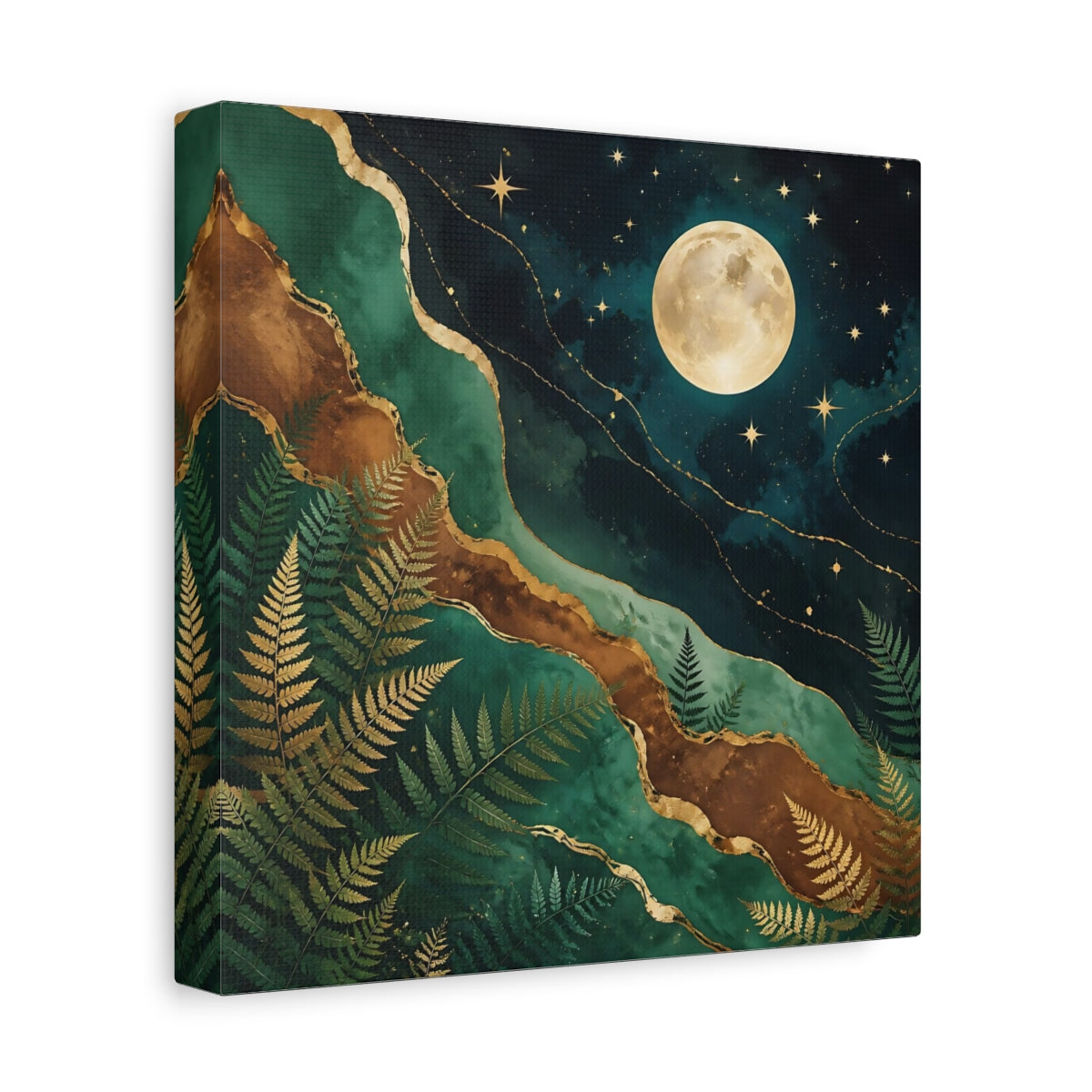 Side Mockup 9. Nature Moon And Ferns Emerald Gold Nature shown as stretched canvas wall art
