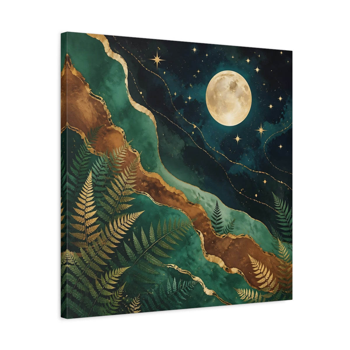 Side Mockup 4. Nature Moon And Ferns Emerald Gold Nature shown as stretched canvas wall art