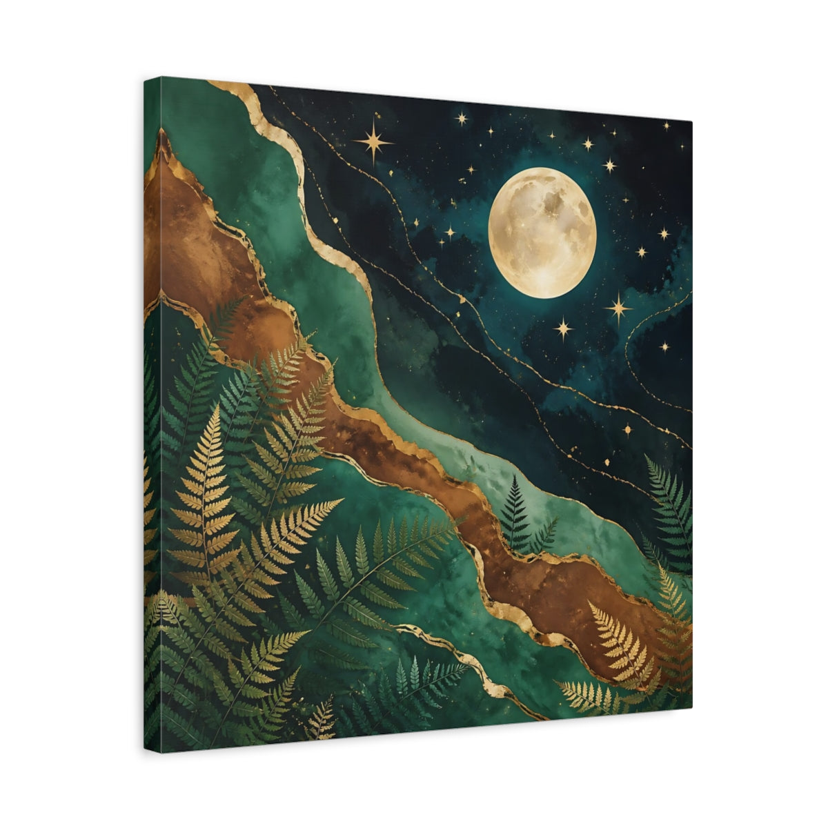Side Mockup 5. Nature Moon And Ferns Emerald Gold Nature shown as stretched canvas wall art