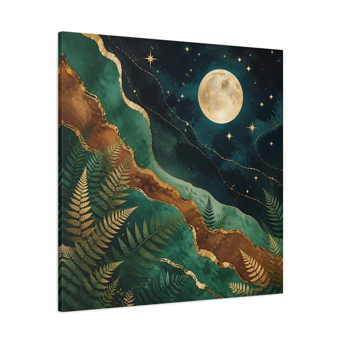 Side Mockup 1. Nature Moon And Ferns Emerald Gold Nature shown as stretched canvas wall art