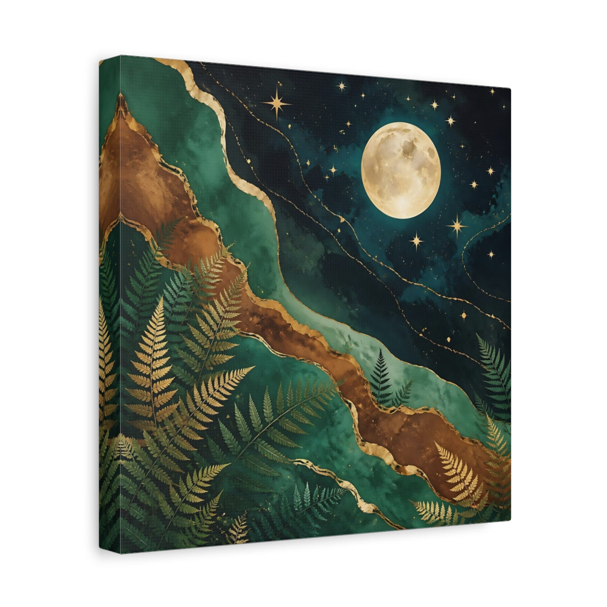 Side Mockup 8. Nature Moon And Ferns Emerald Gold Nature shown as stretched canvas wall art