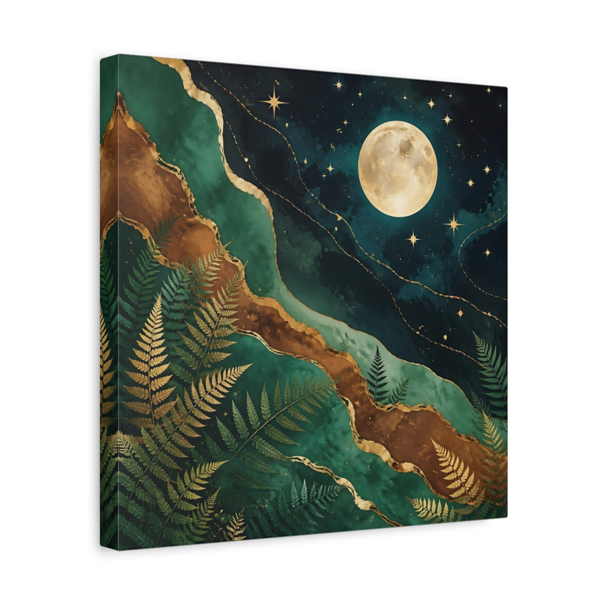 Side Mockup 7. Nature Moon And Ferns Emerald Gold Nature shown as stretched canvas wall art