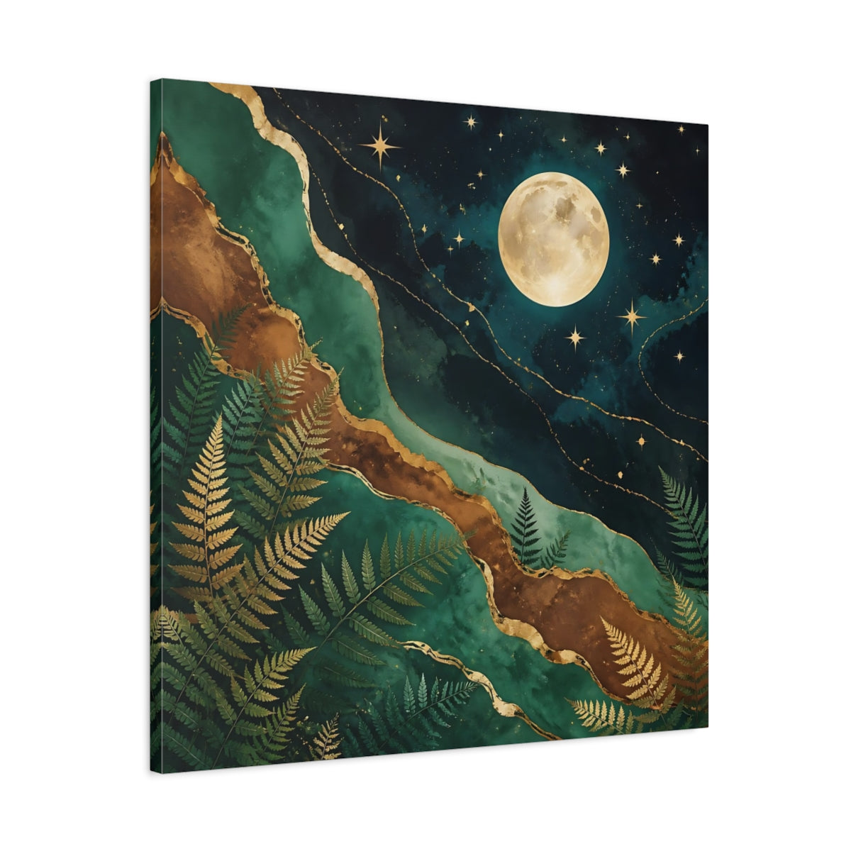 Side Mockup 3. Nature Moon And Ferns Emerald Gold Nature shown as stretched canvas wall art
