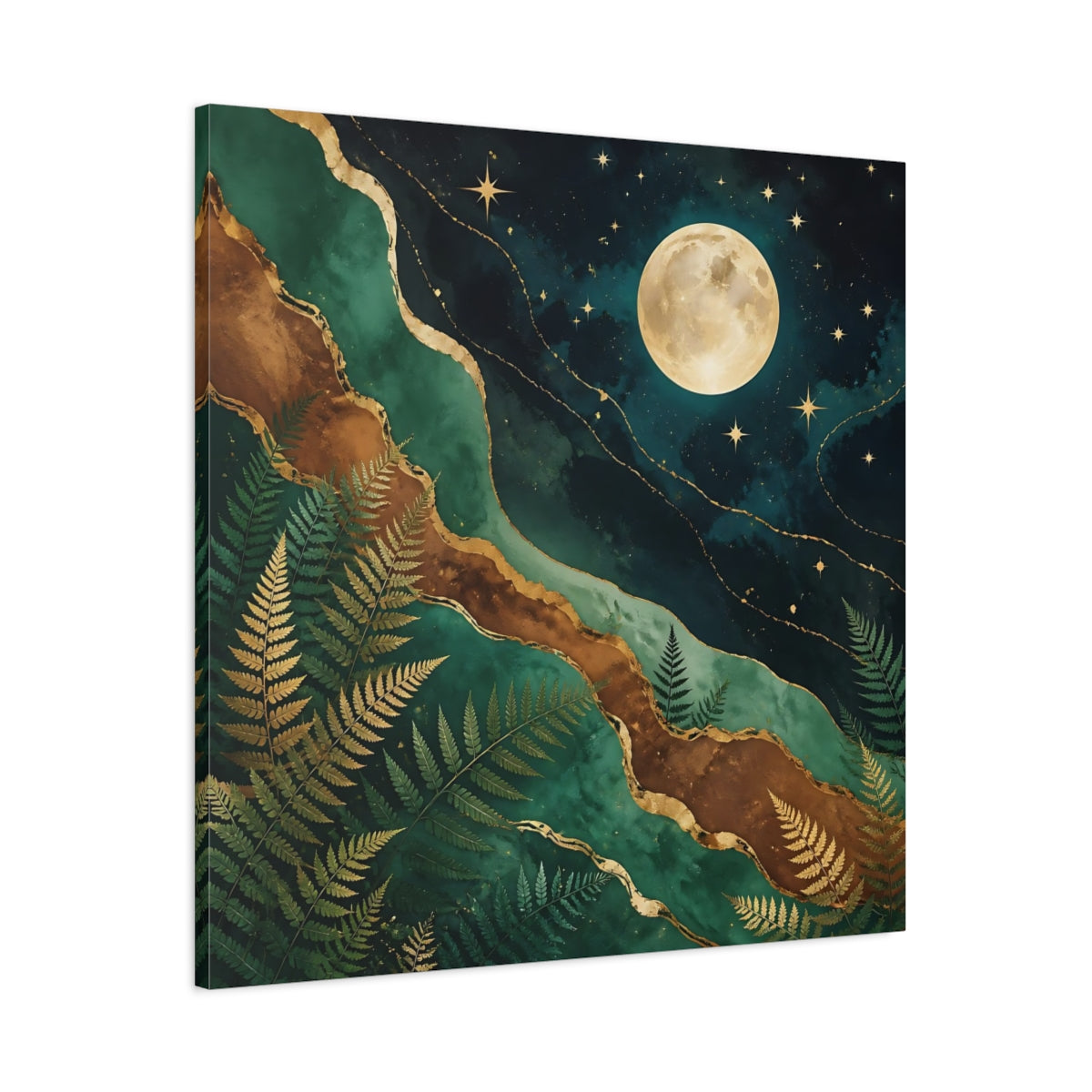 Main Mockup. Nature Moon And Ferns Emerald Gold Nature shown as stretched canvas wall art