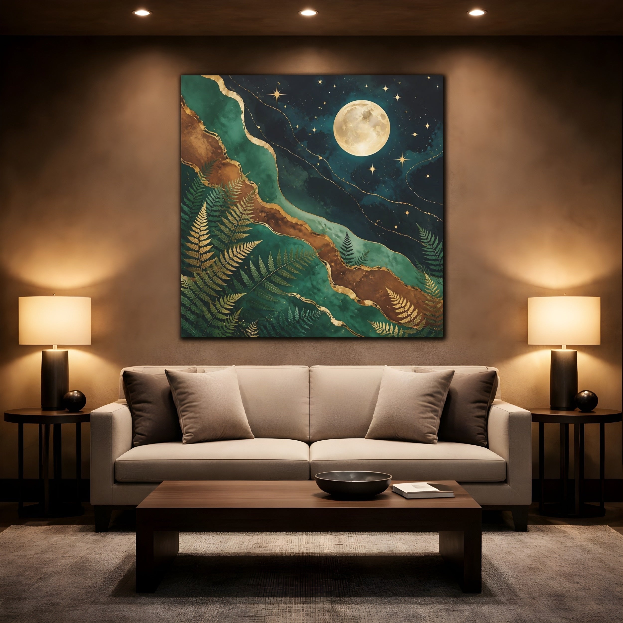 Mockup 2. Nature Moon And Ferns Emerald Gold Nature shown as stretched canvas wall art