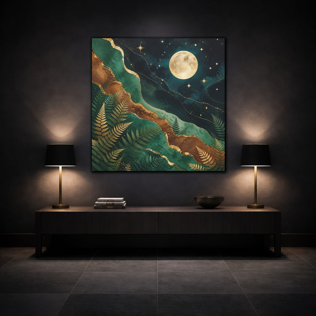 Mockup 3. Nature Moon And Ferns Emerald Gold Nature shown as stretched canvas wall art